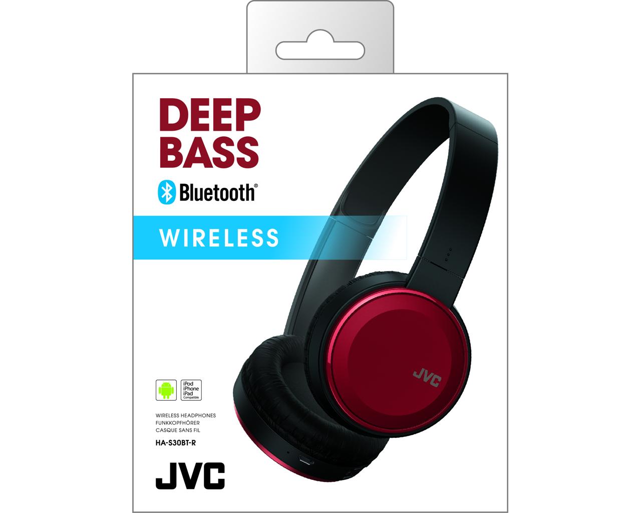 JVC Wireless On-ear Headphone HA-S30BTHeadphonesListen wirelessly to your favourite musicAll Bluetooth function operated with 4 buttons on headphone housingBass Boost function for dynamic bass sound (on/off)Flat-foldable design for ease of portability17 h